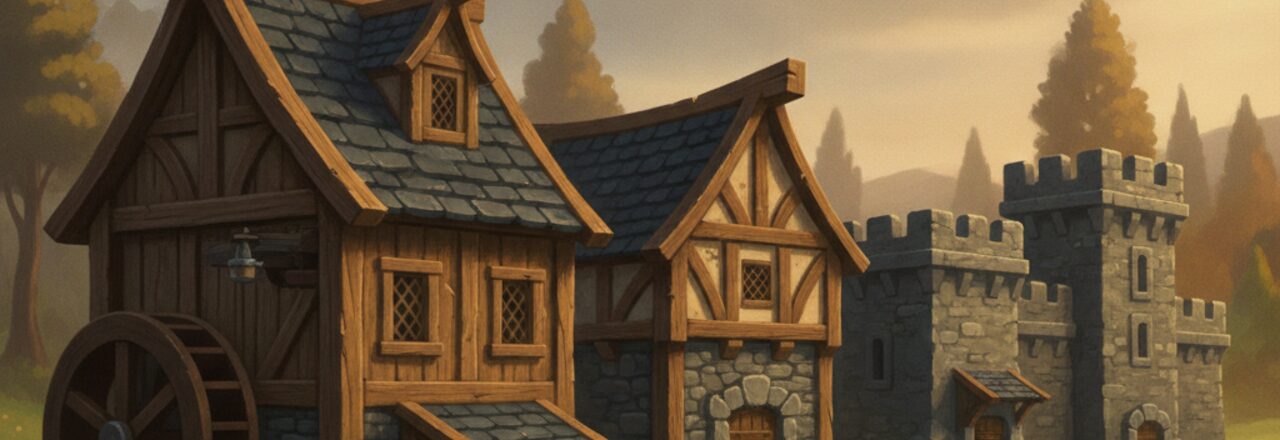 Painted row of medieval timber-and-stone buildings: a sawmill with a waterwheel, a warehouse and a barracks.