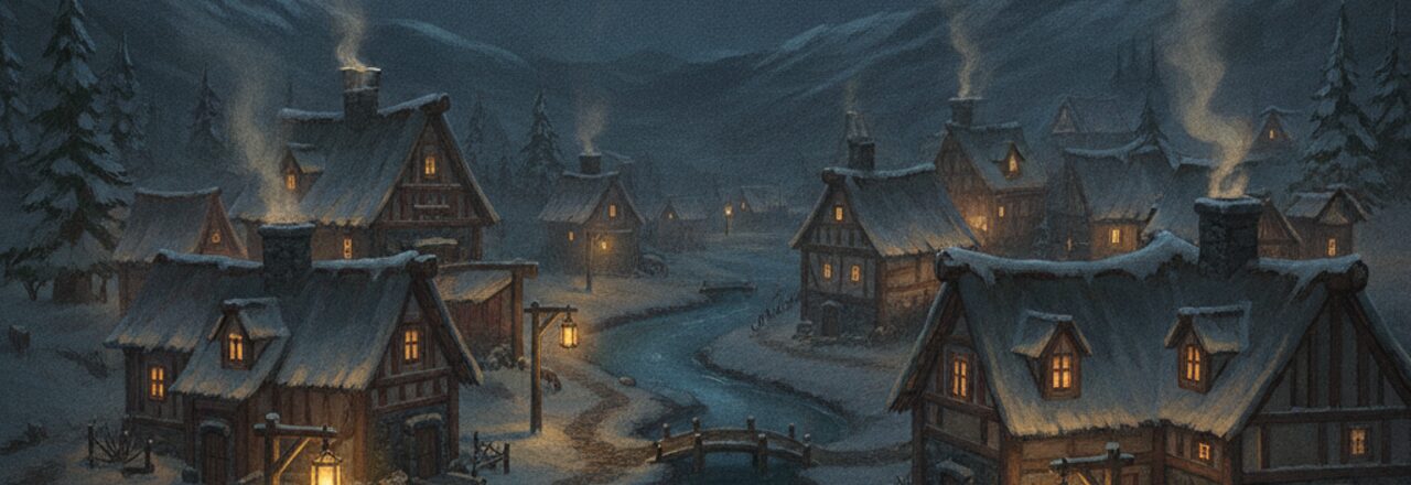 Painted night scene of the settlement with warm lantern-lit windows under a starry sky.