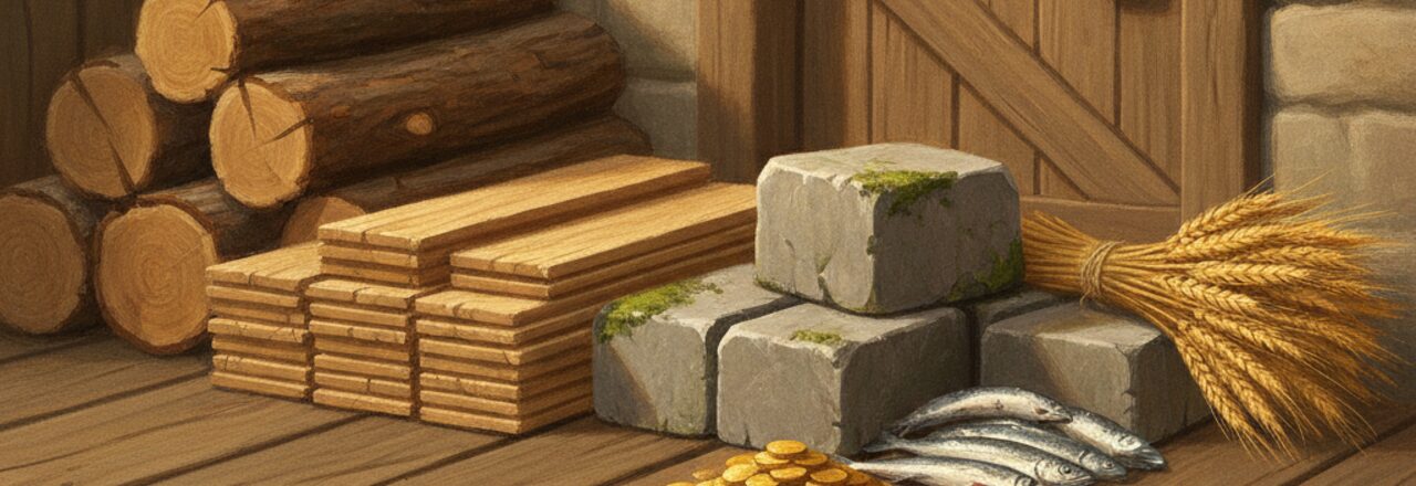 Painted still-life of resource goods: logs, planks, cut stone, fish, wheat and gold by a warehouse.