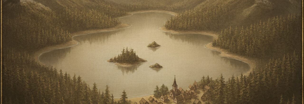 Painted aerial view of the island realm: a central lake ringed by forests and snow-capped mountains.