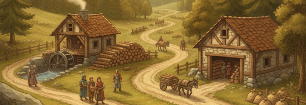 Painted scene of villagers and donkey carts hauling goods along roads between buildings.
