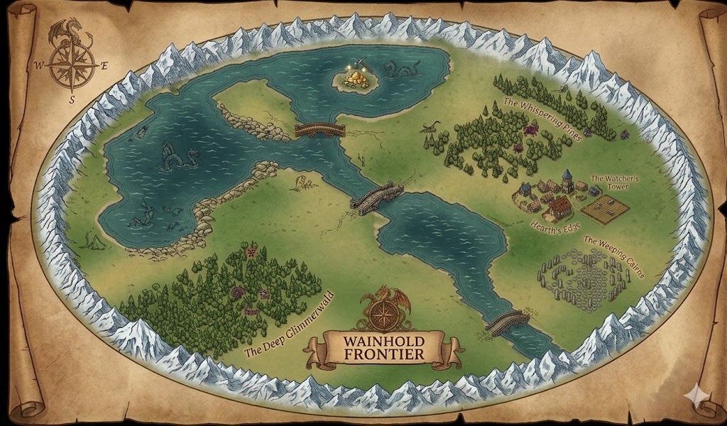 Hand-drawn parchment map of the Wainhold Frontier — an island realm ringed by snow-capped mountains, with a central lake, forests, a village at Hearth's Edge, and an enemy camp on a lake island.
